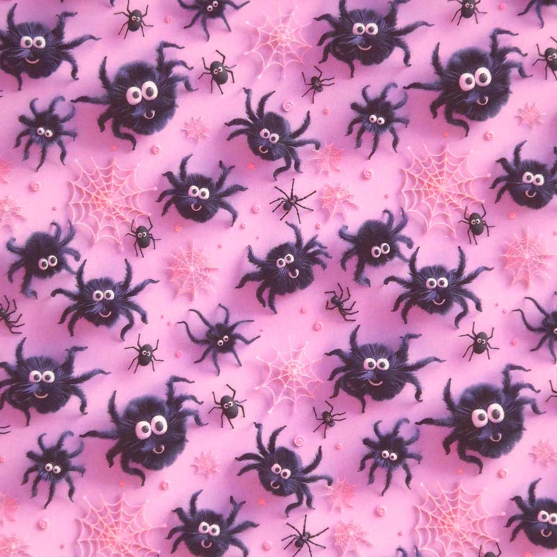 3D spiders printed on a pink cotton fabric by Little Johnny