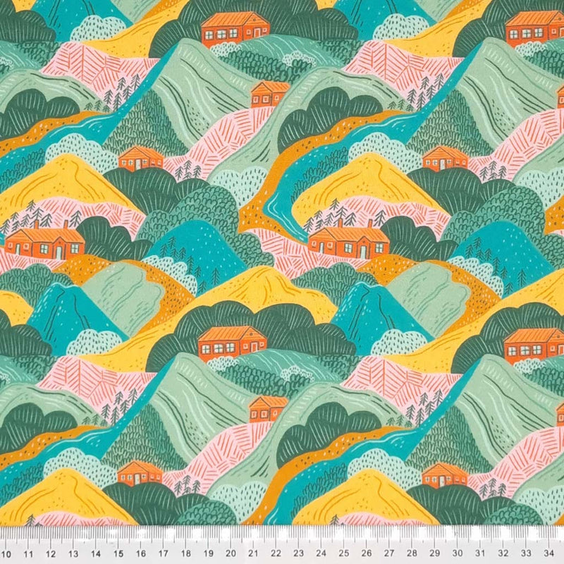Countryside colours printed on a cotton fabric by Little Johnny with a cm ruler