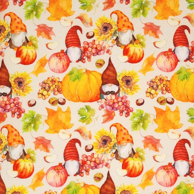 Autumnal pumpkins and gonks printed on an off white 100% quality cotton fabric by Little Johnny. 