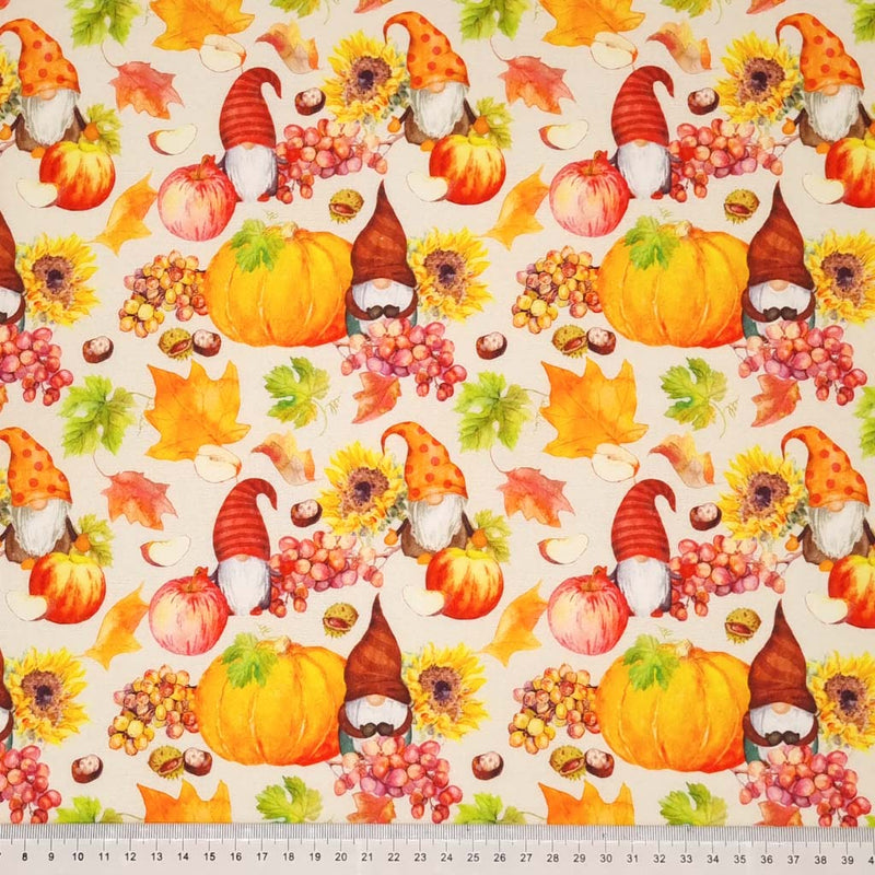 Autumnal pumpkins and gonks printed on an off white 100% quality cotton fabric by Little Johnny with a cm ruler