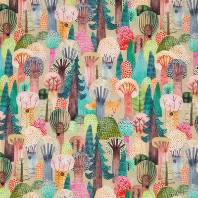 Autumnal trees are printed on a cotton fabric by Little Johnny