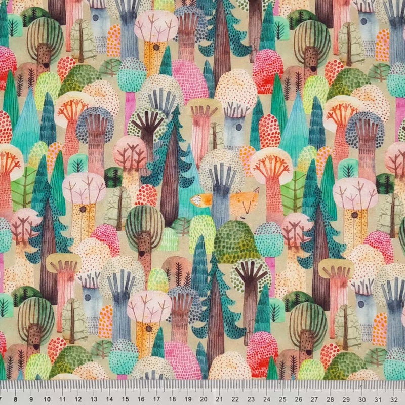 Autumnal trees are printed on a cotton fabric by Little Johnny with a cm ruler
