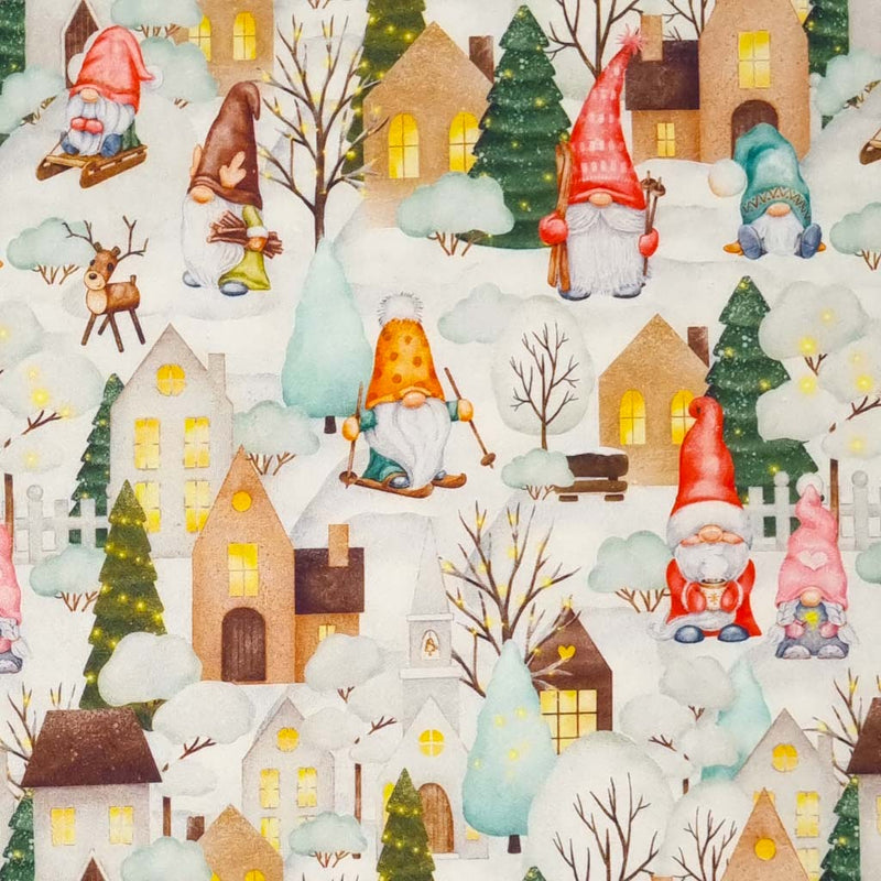 Fabric featuring gonks and reindeer in a festive little gonk town printed on an off white 100% quality cotton fabric by Little Johnny.