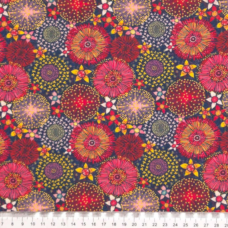 Firework flowers printed on a cotton fabric by Little Johnny with a cm ruler