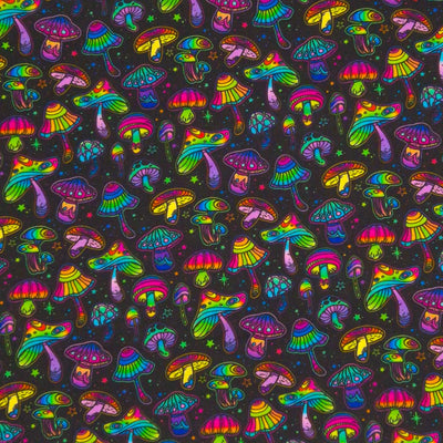 Neon coloured mushrooms printed on a black cotton fabric by Little Johnny