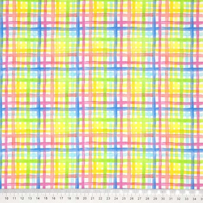 A rainbow gingham check printed on a cotton fabric by Little Johnny with a cm ruler