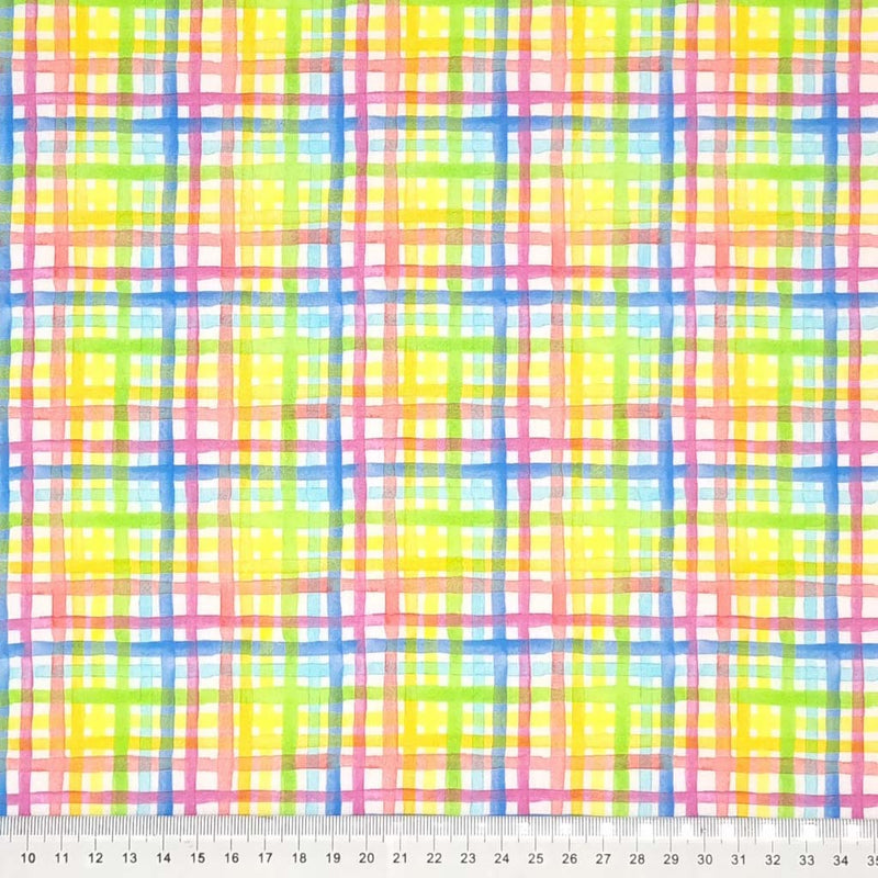 A rainbow gingham check printed on a cotton fabric by Little Johnny with a cm ruler