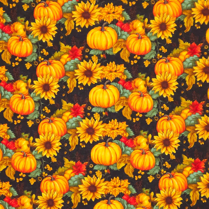 Pattern of pumpkins and sunflowers on a dark cotton fabric