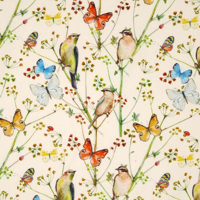 a stunning, intricate, delicate, secret garden scene that includes butterflies, lady birds, birds and florals set against a vintage cream needlecord fabric