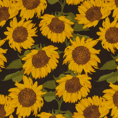 This fabric features a beautiful, vibrant and eye-catching sunflower design, set against a navy background.