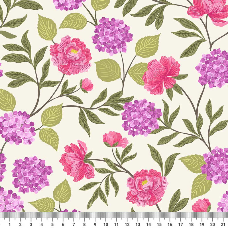 Peony and hydrangeas in pinks and purples printed on a cotton quilting fabric