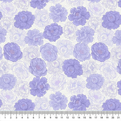 Blue peonies are printed on a quilting fabric
