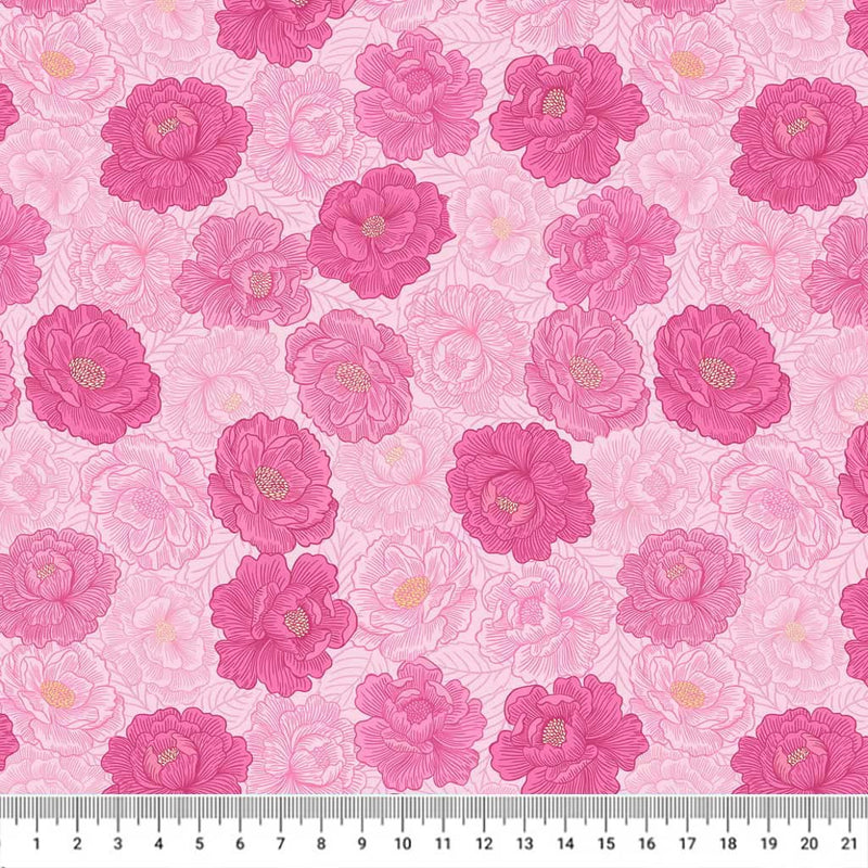 Peonies printed on a cotton quilting fabric by Lewis & Irene