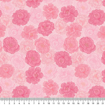 Pink peonies in bloom printed on a cotton quilting fabric by Lewis & Irene