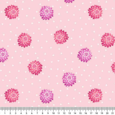 Dahlias in pinks and purples printed on a cotton quilting fabric by Lewis & Irene