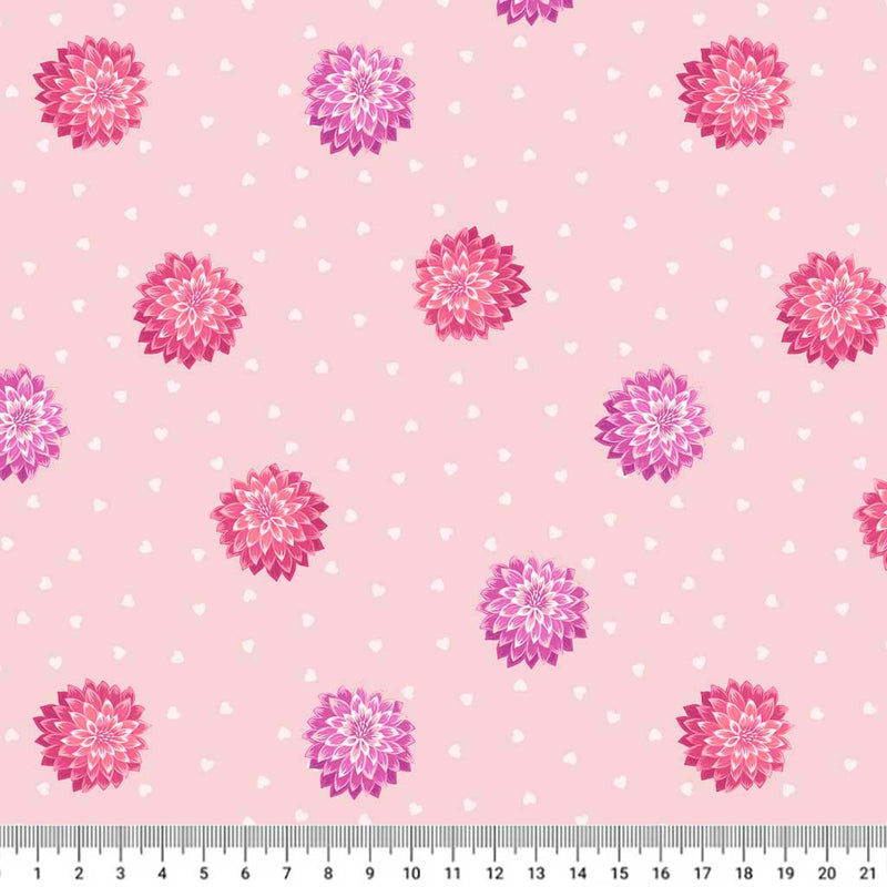 Dahlias in pinks and purples printed on a cotton quilting fabric by Lewis & Irene