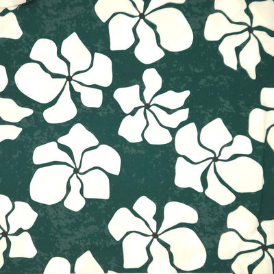 White floral pattern on a green textured viscose twill fabric