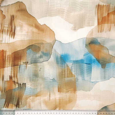 Abstract art with brown, blue, and white colours on a viscose twill fabric with a cm ruler