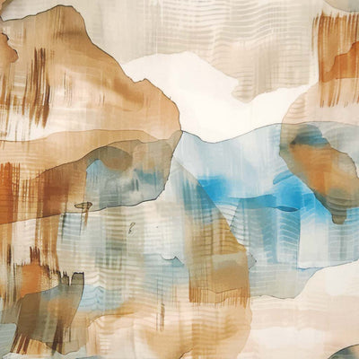 Abstract art with brown, blue, and white colours on a viscose twill fabric