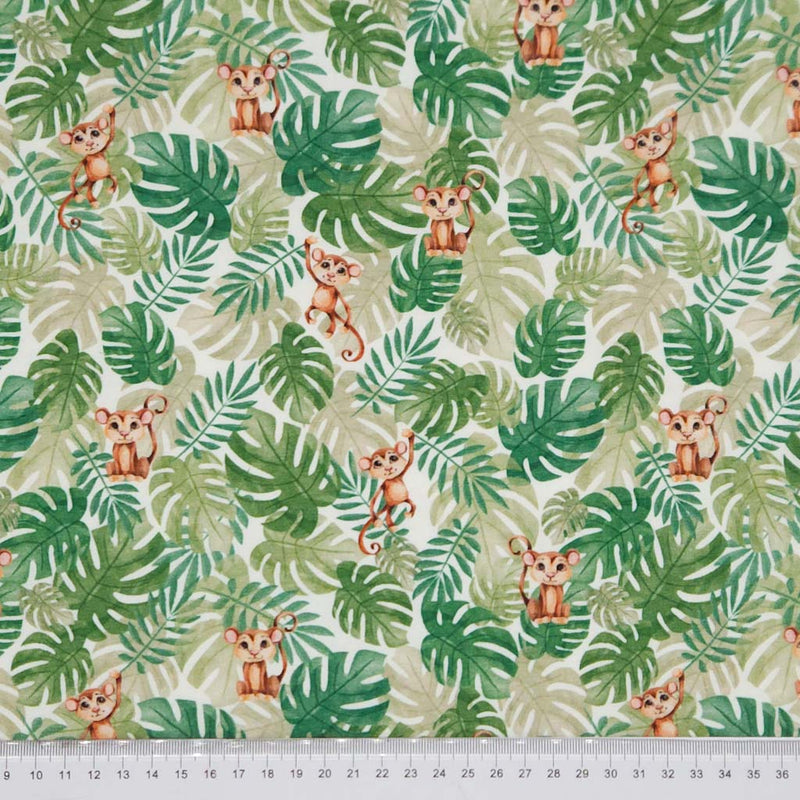 Monkeys and leaves printed on a cotton jersey with a cm ruler