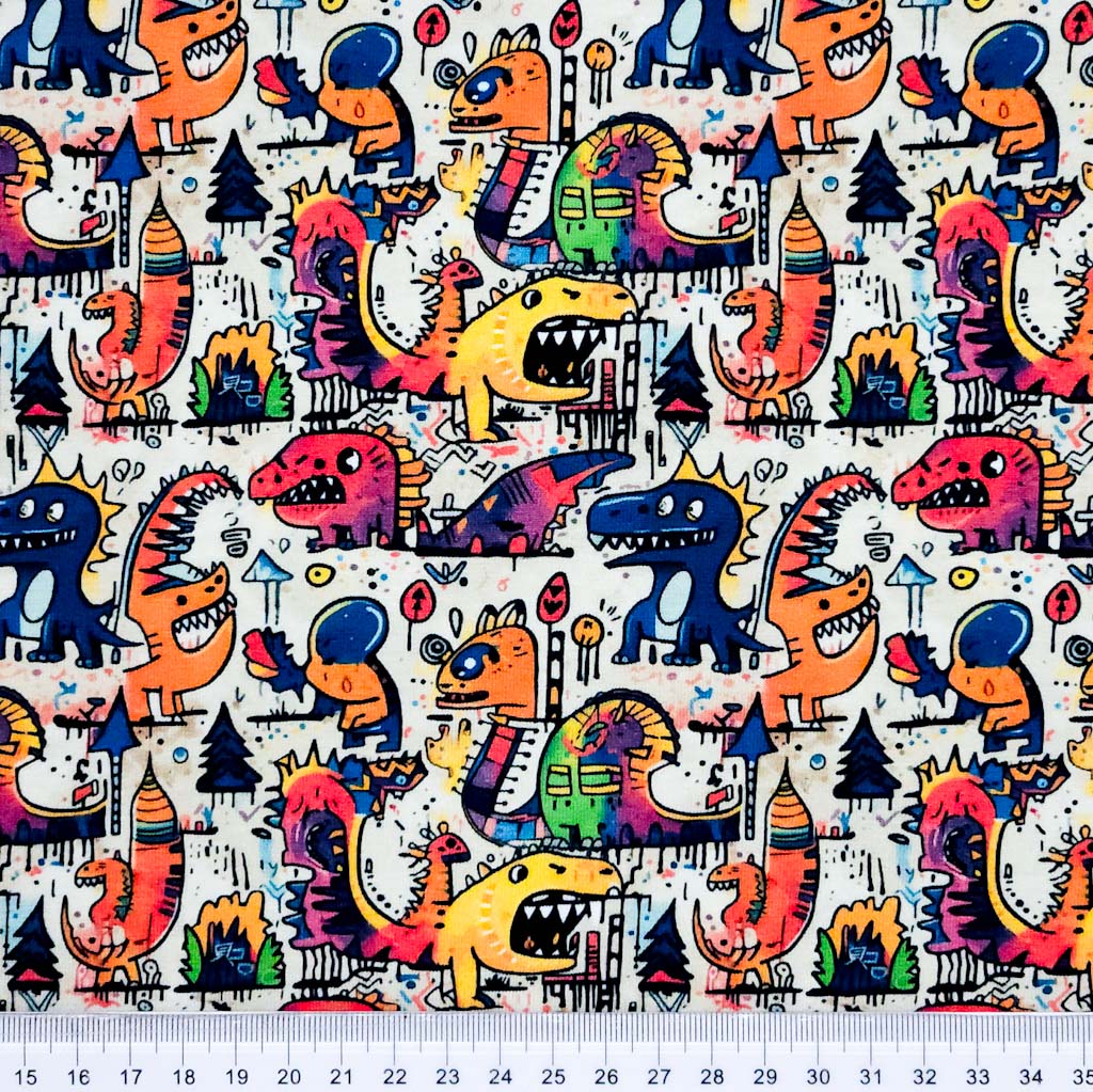 Monsters printed on a white cotton jersey fabric with a cm ruler