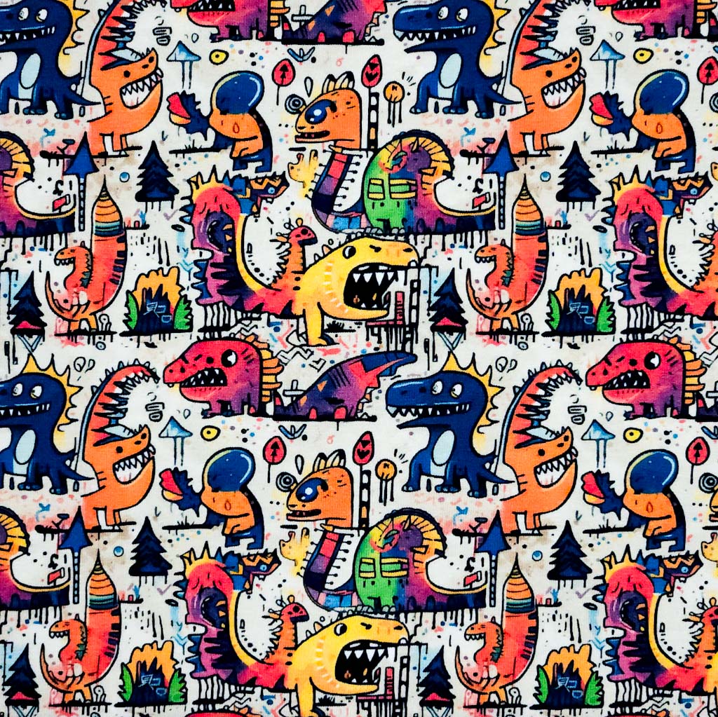 Monsters printed on a white cotton jersey fabric