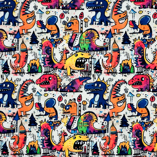 Monsters printed on a white cotton jersey fabric