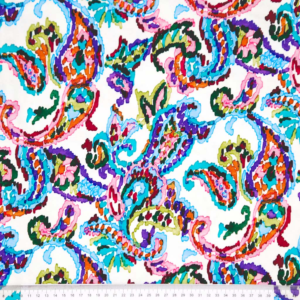 Abstract paint printed on a cotton jersey fabric with a cm ruler