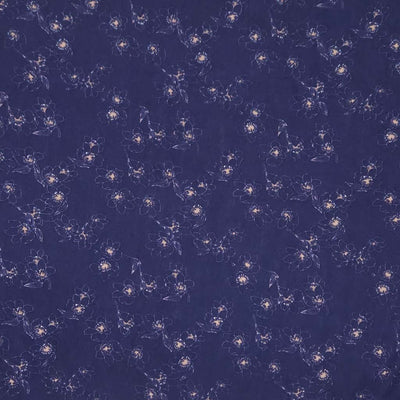 Navy blue viscose fabric with small white floral pattern