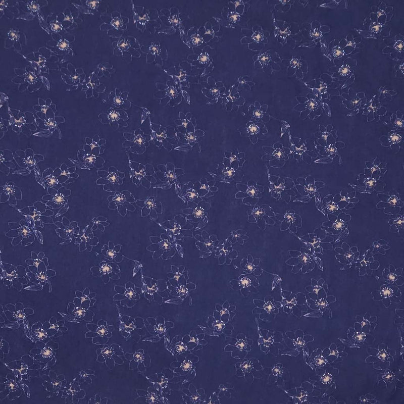 Navy blue viscose fabric with small white floral pattern