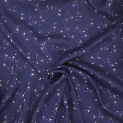 Navy blue fabric with small white floral pattern