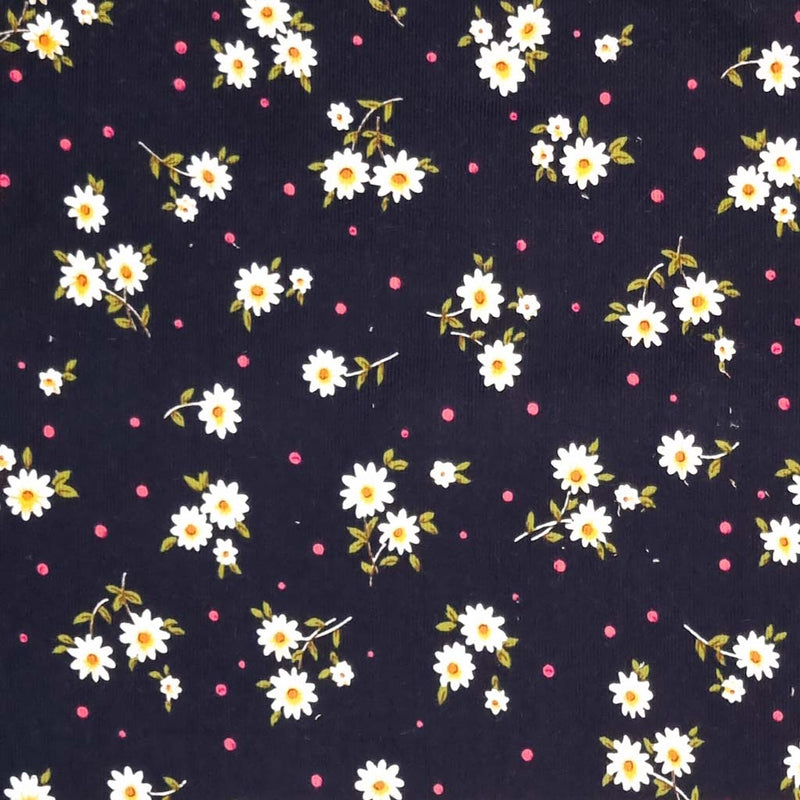 corduroy fabric featuring a cute, daisy and spots design is made from 100% cotton fibres. 
