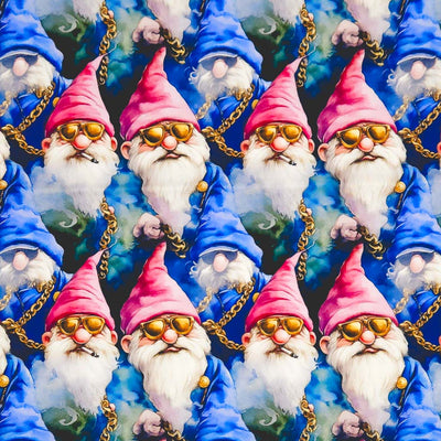 Pattern of gnomes with pink hats and sunglasses on a blue cotton fabric