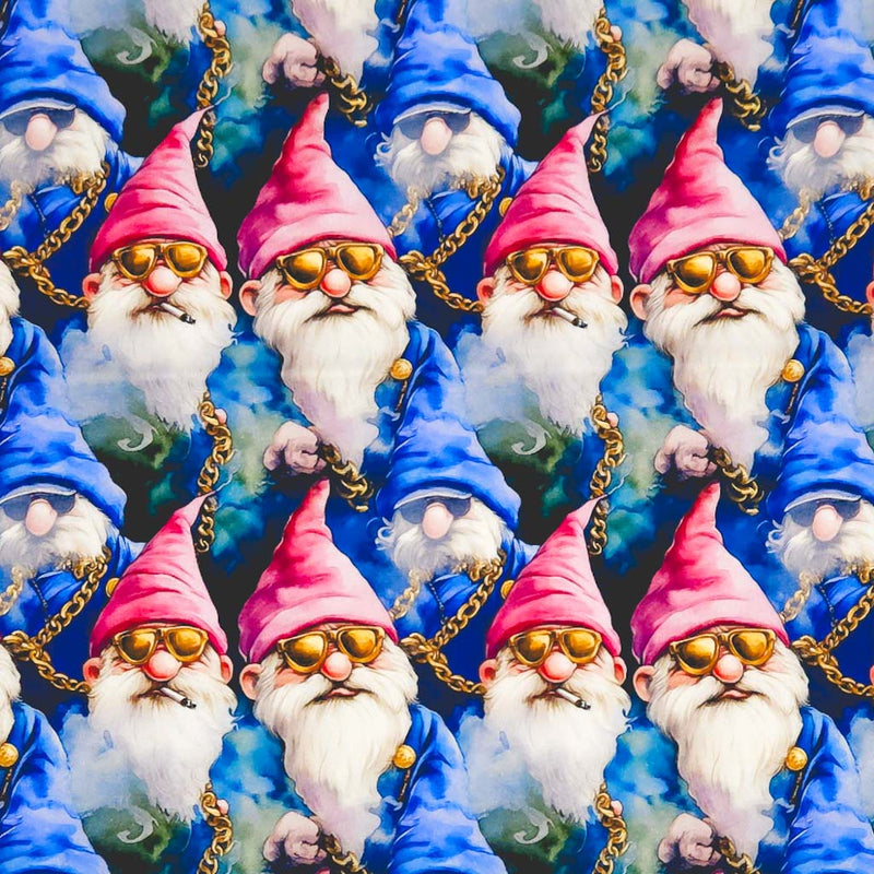 Pattern of gnomes with pink hats and sunglasses on a blue cotton fabric