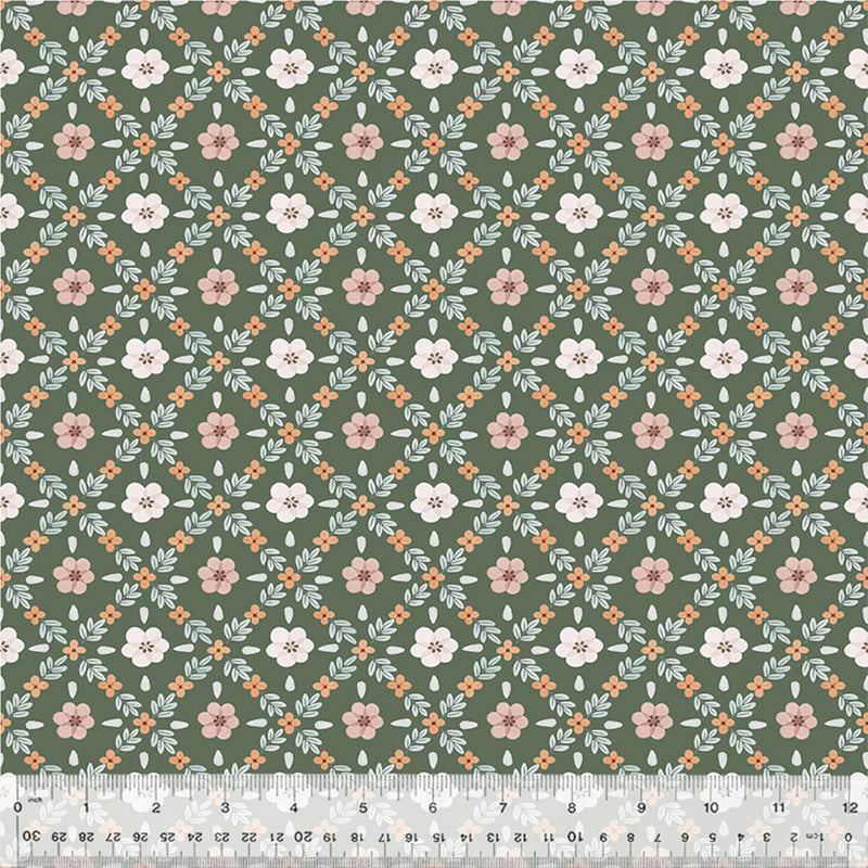 Flowers in a geometric pattern printed on a cotton quilting fabric