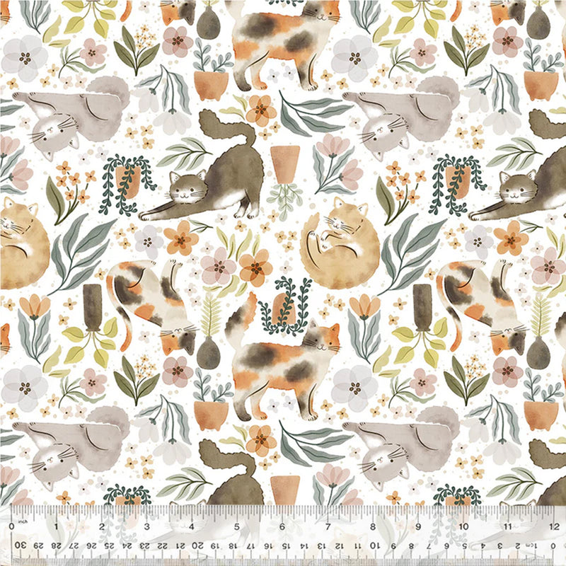 Cats and flowers printed on a cotton quilting fabric