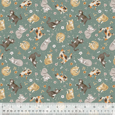 Cats and flowers printed on a dark duck egg cotton quilting fabric