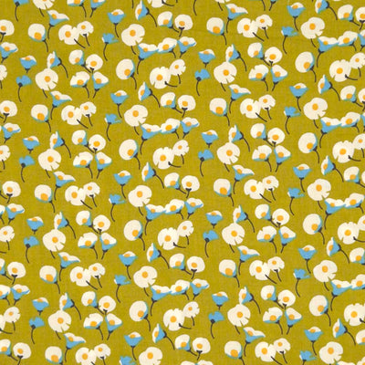 Daisies printed on an olive green pima cotton lawn fabric