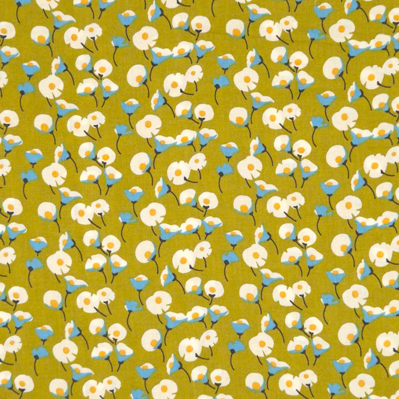 Daisies printed on an olive green pima cotton lawn fabric