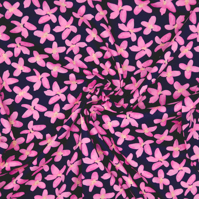 Fabric with pink floral pattern on a dark pima cotton lawn fabric