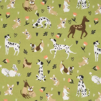 Various breeds of dogs playing are printed on an olive green polycotton fabric