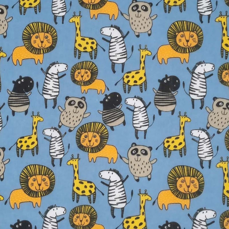 Jungle animals printed on an blue polycotton fabric