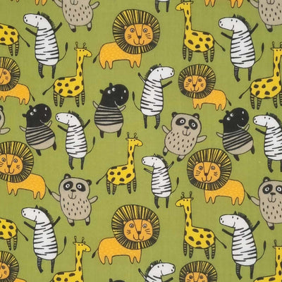 Jungle animals printed on an olive green polycotton fabric