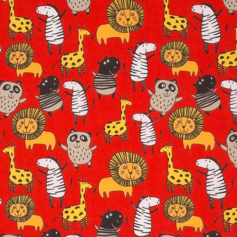 Jungle animals printed on an red polycotton fabric