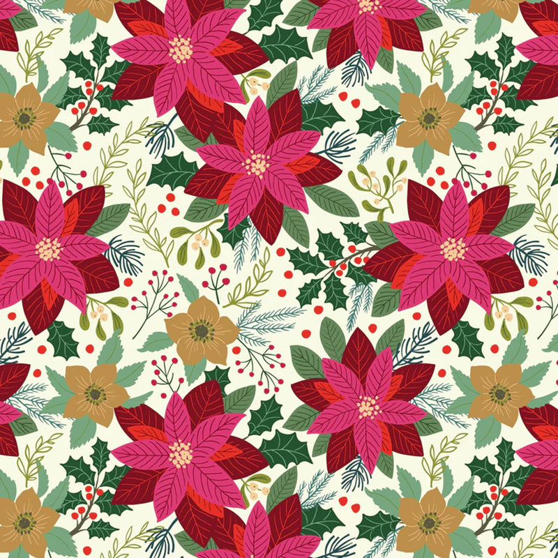 Pattern of pink poinsettias and green holly leaves on a white cotton quilting fabric