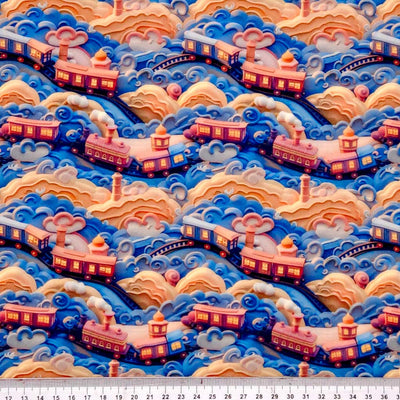 Fabric with a pattern of colourful trains and clouds on a blue polycotton fabric, with a ruler at the bottom for scale.