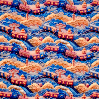 Colourful toy train set on a mountainous landscape with clouds printed on a polycotton fabric