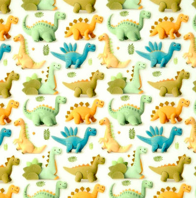 Pattern of colorful dinosaur toys on a white polycotton fabric