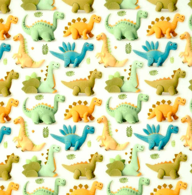 Pattern of colorful dinosaur toys on a white polycotton fabric