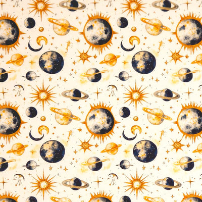 Pattern of celestial bodies including suns, moons, and planets on a beige cotton fabric.